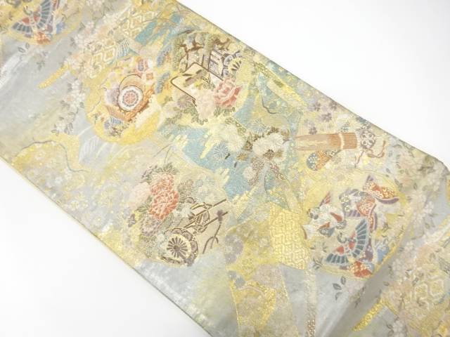 引箔 雪輪に御所車・古楽器模様織り出し 袋帯【中古】【着】【袋帯】 宗sou