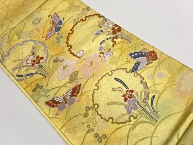 雪輪蝶草花模様織出し袋帯【中古】【着】【袋帯】 宗sou