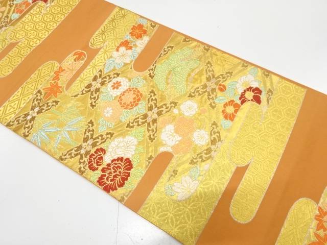 川島織物製 ヱ霞に格天井・顕花植物飾りつけ織り出し 袋帯【中古】【着】【袋帯】 宗sou