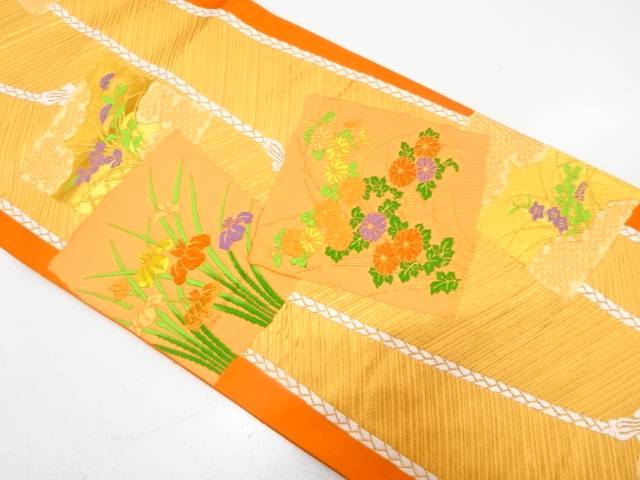 色紙に菊・菖蒲模様織り出し　袋帯【中古】【着】【袋帯】 宗sou