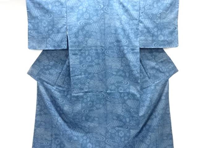 流水に花模様織出し本場結城紬100亀甲着物（石下）【中古】【着】【紬・お召し】 宗sou