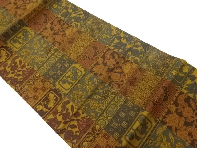 格子に花唐草模様織出し開き名古屋帯（額縁仕立て）【中古】【着】【名古屋帯】 宗sou
