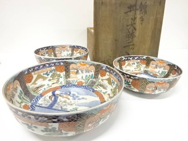 古伊万里　染錦　三つ重ね大鉢【中古】【道】 宗sou