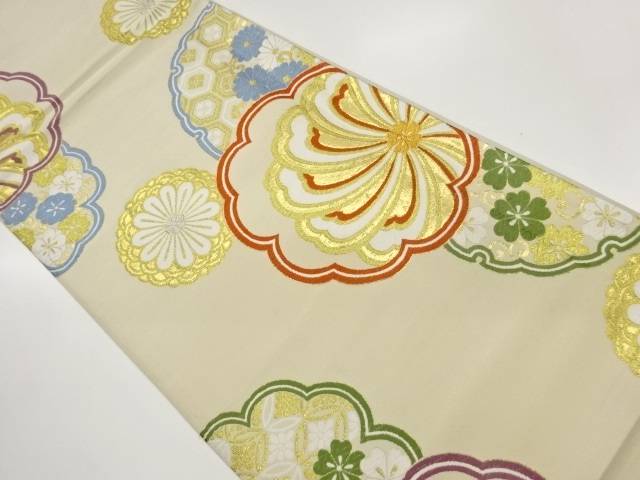 雪輪に花々・古典柄模様織出し袋帯【中古】【着】【袋帯】 宗sou