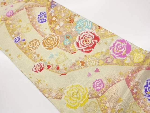 薔薇にハート・星・曲線模様織出し袋帯【中古】【着】【袋帯】 宗sou