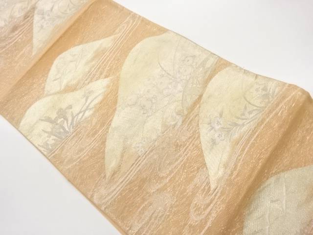 紗 山並に秋草・鶴・流水模様織出し袋帯【中古】【着】【袋帯】 宗sou
