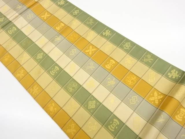格子に宝尽くし模様織出し全通袋帯【中古】【着】【袋帯】 宗sou