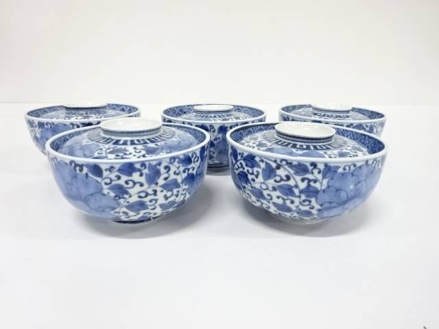 古伊万里 染付 名取り草唐草 蓋物茶碗 5客【中古】【道】 宗sou