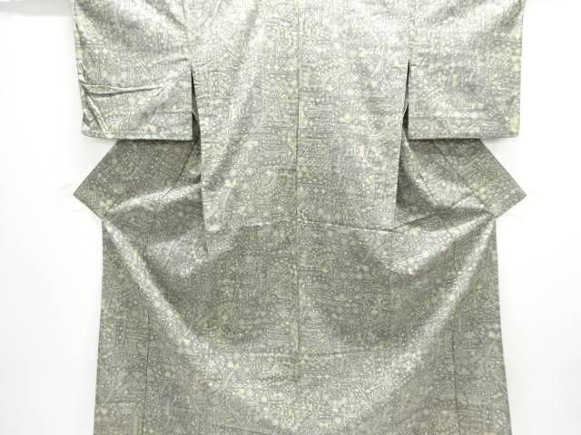 抽象草花模様織り出し西陣お召単衣着物【中古】【着】【紬・お召し】 宗sou