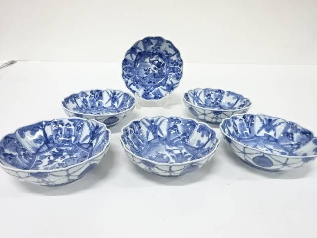 古伊万里　染付　瓔珞文　深皿五寸皿　6客【中古】【道】 宗sou