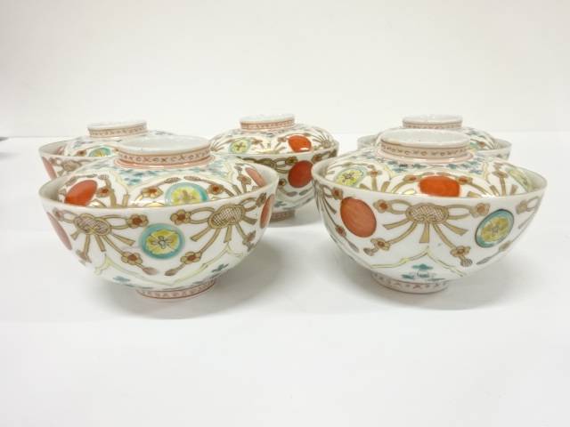 古伊万里　染付色絵　赤玉　蓋物茶碗　5客【中古】【道】 宗sou