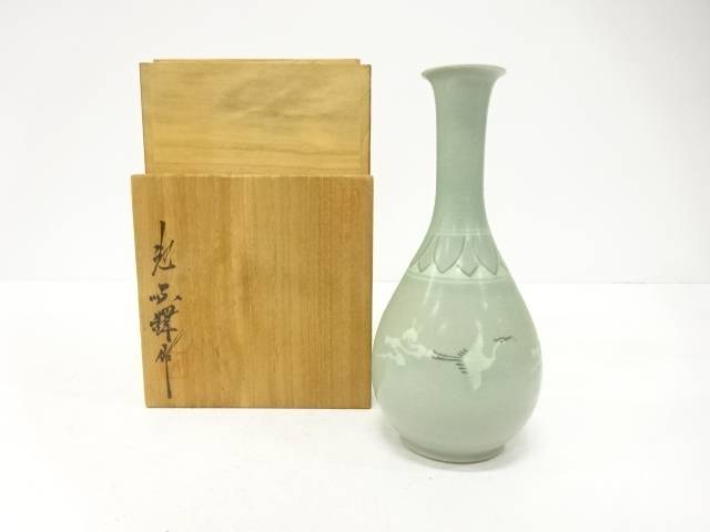韓国人間文化財　池順鐸造　高麗青磁　雲鶴　花生【中古】【道】 宗sou