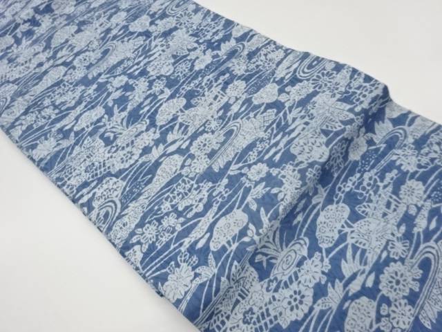 ふくれ織家屋・抽象花葉模様名古屋帯【中古】【着】【名古屋帯】 宗sou