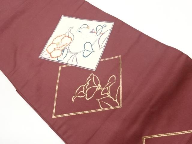 菱に椿模様織出し名古屋帯【中古】【着】【名古屋帯】 宗sou