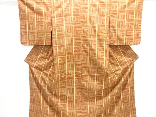縞に幾何学模様織出し手織り紬着物【中古】【着】【紬・お召し】 宗sou
