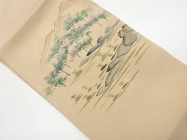 縮緬地手描き金彩帆船に草木・山並・風景模様名古屋帯【中古】【着】【名古屋帯】 宗sou｜お茶道具・着物　【宗 sou】