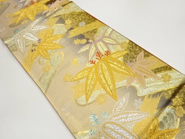 竹笹に桜・流水模様織出し袋帯【中古】【着】【袋帯】 宗sou