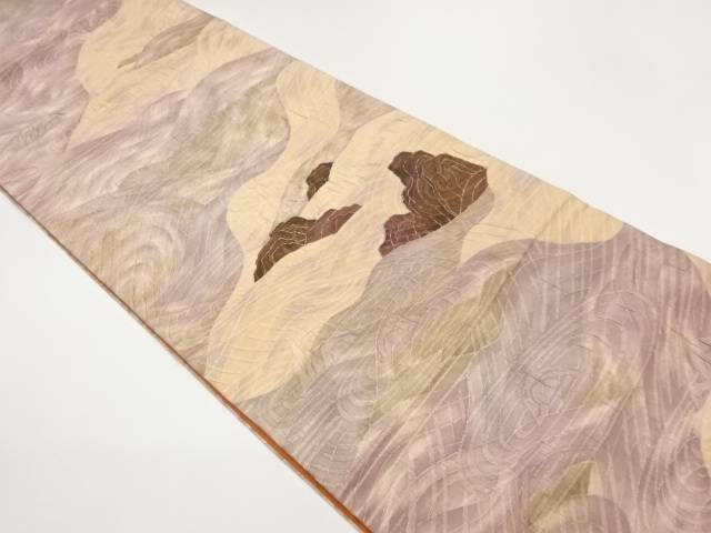 ふくれ織銀彩荒波に山々模様全通袋帯【中古】【着】【袋帯】 宗sou