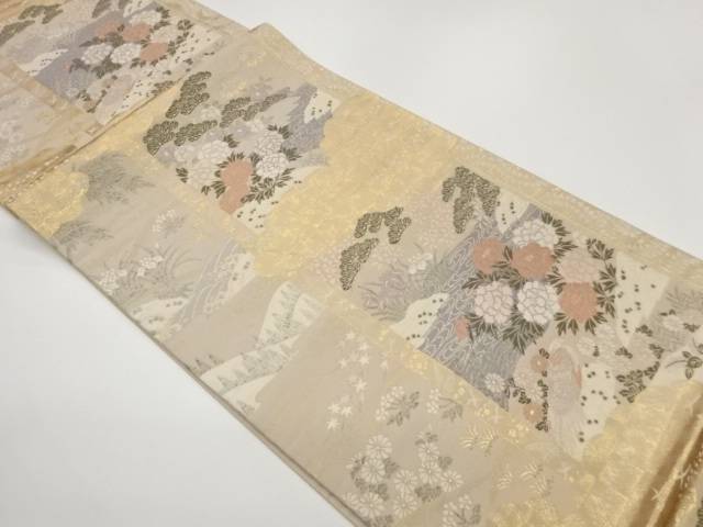 流水・雲に草花・鳥模様織出し袋帯【中古】【着】【袋帯】 宗sou