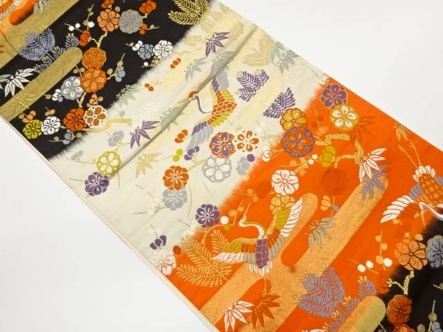 ヱ霞に鶴・草花模様織出し袋帯【中古】【着】【袋帯】 宗sou