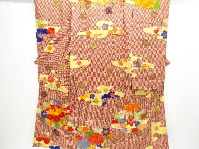 ヱ霞に花飾りつけ刺しゅう現代世界御召しもの振袖【アンティーク】【中古】【着】【クレープ・錦紗】 宗sou