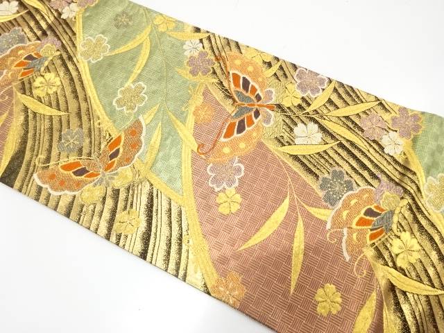 枝垂れ桜に蝶模様織り出し 振袖用袋帯【中古】【着】【振袖】 宗sou|お茶道具・着物 【宗 sou】