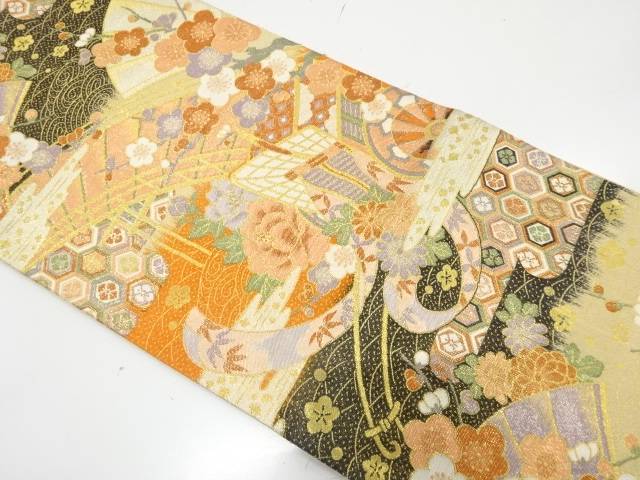 佐賀錦　橋に御所車・花・古典柄織り出し　振袖用袋帯【中古】【着】【振袖】 宗sou｜お茶道具・着物　【宗 sou】