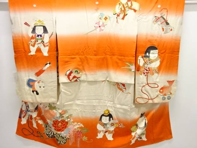 九重の天あやつり人形に割れ易い飾りつけ刺しゅう五つ紋赤ちゃん御召しもの【大正人情本】【中古】【着】【大正人情本】 宗sou