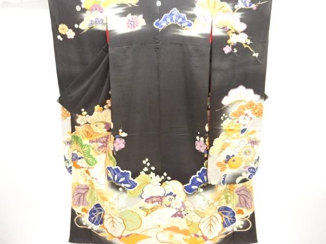 錦紗桐に松梅飾りつけ刺しゅう五つ紋花嫁御寮御召しもの振袖・中着仕掛ける【大正人情本】【中古】【着】【振袖】 宗sou