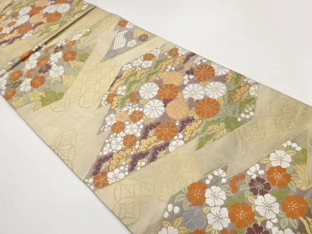 変わり松皮菱に草花・筏・七宝模様織出し袋帯【中古】【着】【袋帯】 宗sou｜お茶道具・着物　【宗 sou】