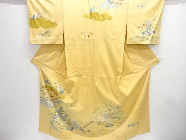 櫓に建築物被子植物飾り付け手織り紬短い訪問着【中古】【着】【紬・お召しものし】 宗sou 着物-レディースファッション-和服