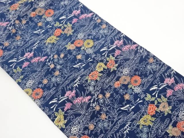 手織り紬花葉に荒波・鳥模様名古屋帯【中古】【着】【名古屋帯】 宗sou|お茶道具・着物 【宗 sou】