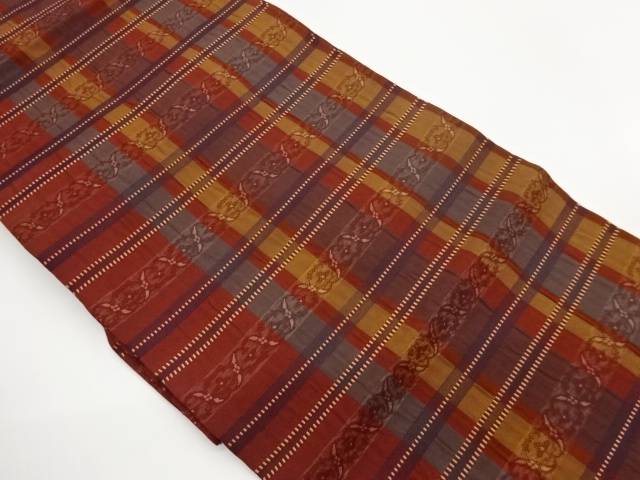 ふくれ織縞に横段・抽象花模様織出し名古屋帯【中古】【着】【名古屋帯】 宗sou｜お茶道具・着物　【宗 sou】