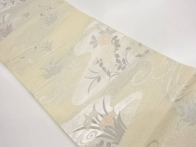 絽ヱ霞に花々・水筋飾りつけ織出し袋帯【中古】【着】【袋帯】 宗sou