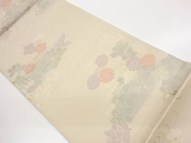 秋草に観世水飾りつけ織出し夏用袋帯【中古】【着】【袋帯】 宗sou
