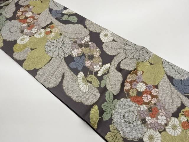 顕花植物に桜・菊唐草飾りつけ織出し袋帯【中古】【着】【袋帯】 宗sou