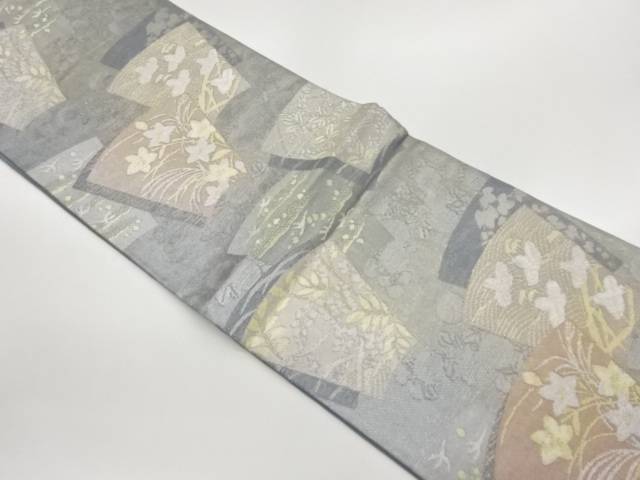 紗 紙布切れ紙に桔梗・青海波・顕花植物飾りつけ織出し袋帯【中古】【着】【袋帯】 宗sou