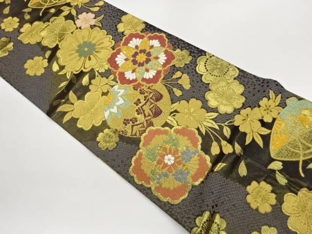 鹿の子に桜・笠・華文飾りつけ織出しリヴァーシブル全通袋帯【中古】【着】【袋帯】 宗sou