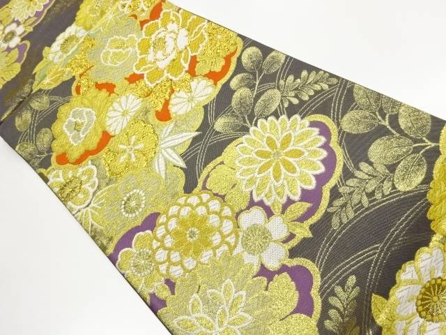 雲取りに顕花植物飾りつけ織出し袋帯【中古】【着】【袋帯】 宗sou