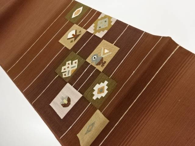 横段に色紙・抽象化花鳥飾りつけ織出し洒落袋帯【中古】【着】【袋帯】 宗sou