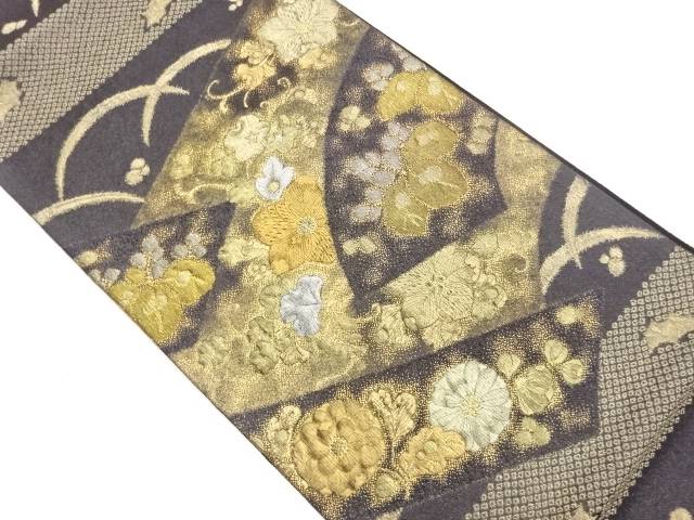 ふくれ布切れ紙・松皮菱に顕花植物・鹿の子飾りつけ織出し袋帯【中古】【着】【袋帯】 宗sou