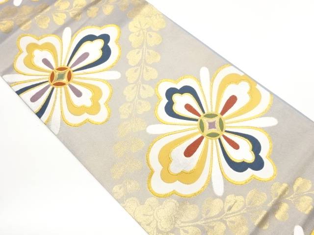 葉に花菱飾りつけ織出し袋帯【中古】【着】【袋帯】 宗sou