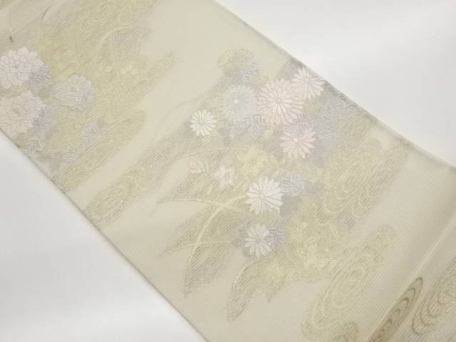 絽観世水に顕花植物飾りつけ織出し袋帯【中古】【着】【袋帯】 宗sou