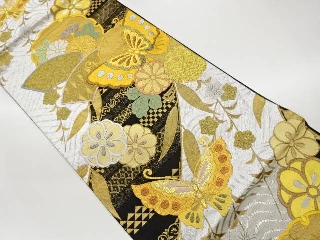 雪輪に蝶・花々飾りつけ織出し全通袋帯【中古】【着】【袋帯】 宗sou