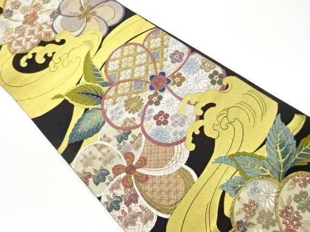 試煉に花々・桐・名著柄飾りつけ織出し袋帯【中古】【着】【袋帯】 宗sou