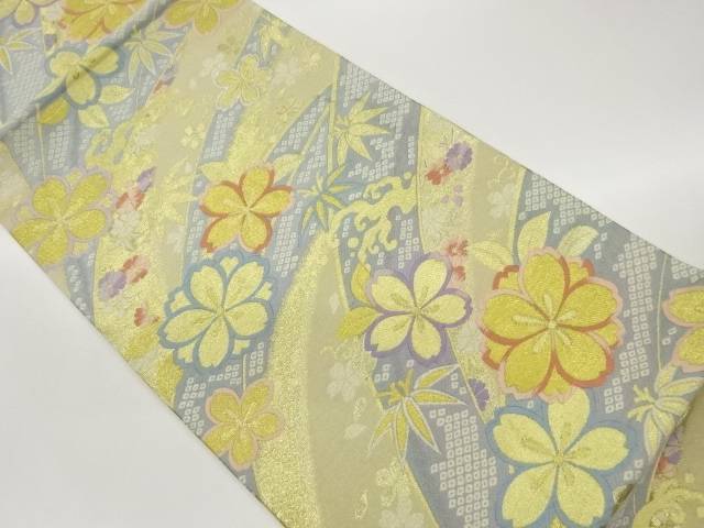 曲線状の形に桜・笹飾りつけ織出し袋帯【中古】【着】【袋帯】 宗sou