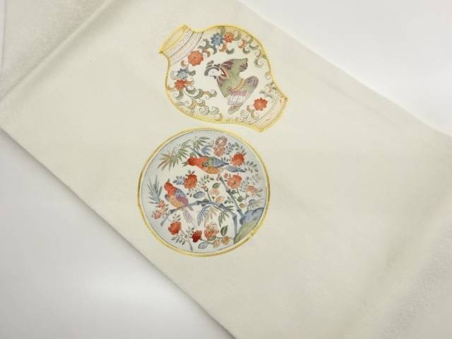 金駒刺しゅう丸・壺に人となり・鳥・花唐草飾りつけ名古屋帯【中古】【着】【名古屋帯】 宗sou