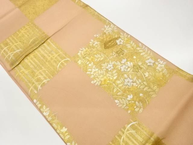 紗 現ナマペンキ塗り紙に竹・桔梗飾りつけ刺しゅう袋帯【中古】【着】【袋帯】 宗sou