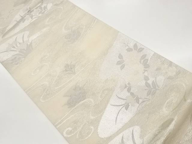 絽紙布水辺に顕花植物飾りつけ織出し袋帯【中古】【着】【袋帯】 宗sou
