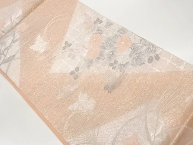 紗 秋草に蝶飾りつけ織出し袋帯【中古】【着】【袋帯】 宗sou